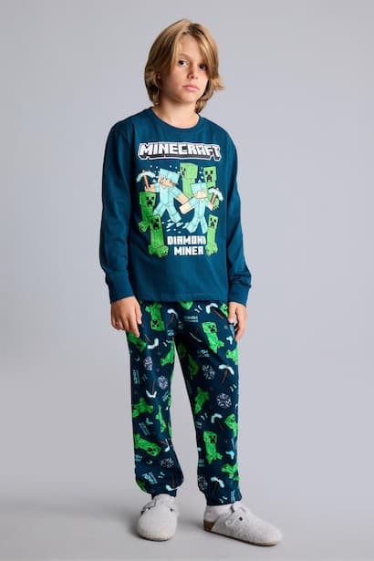 Boy 100% Cotton Minecraft Diamond Miner Top Bottoms 2 Piece Pyjama Set Homewear (٤)