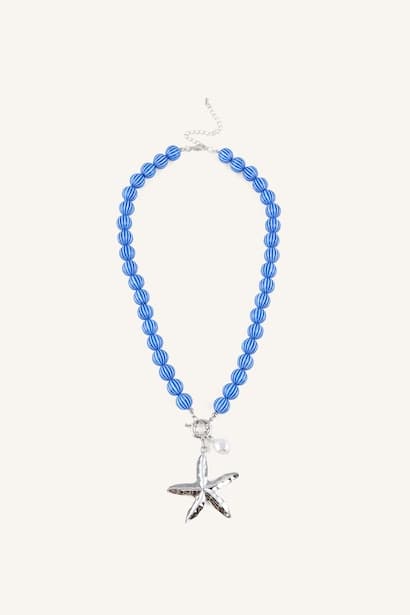 Woman Beach Themed Blue Bead Necklace