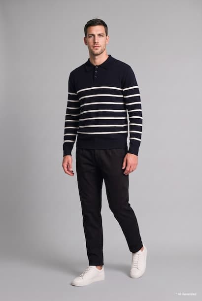 Standard Fit Striped Polo Collar Knitted Sweater
