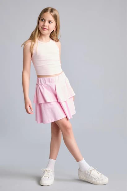 GirlElastic Waist Layered Light Pink Mini Skirt