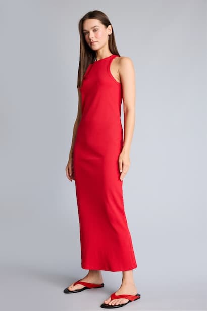 Bodycon Fit Red Ribbed Halter Neck Sleeveless Midi Dress