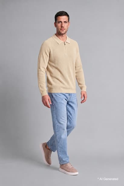 Standard Fit Long Sleeve Polo Collar Knit Pullover with Half-Zip