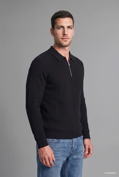 Standard Fit Long Sleeve Polo Collar Knit Pullover with Half-Zip