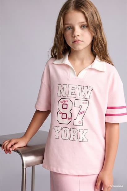 Girl V-Neck Printed Light Pink T-Shirt