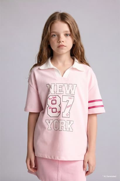Girl V-Neck Printed Light Pink T-Shirt (٣)
