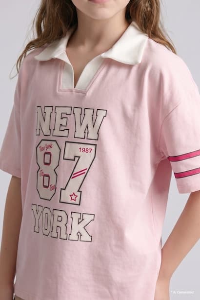 Girl V-Neck Printed Light Pink T-Shirt (٤)