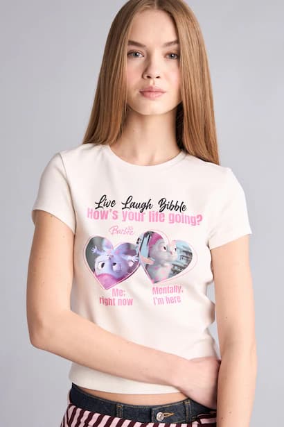 Barbie Licensed Slim Fit Crew Neck Printed Ribana Short Sleeve T-Shirt