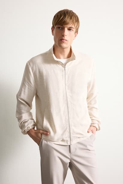 Linen Blend Regular Fit Stand Collar Jacket