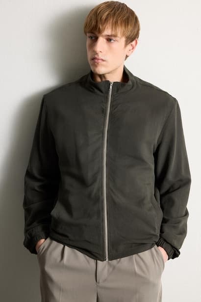 Linen Blend Regular Fit Stand Collar Jacket