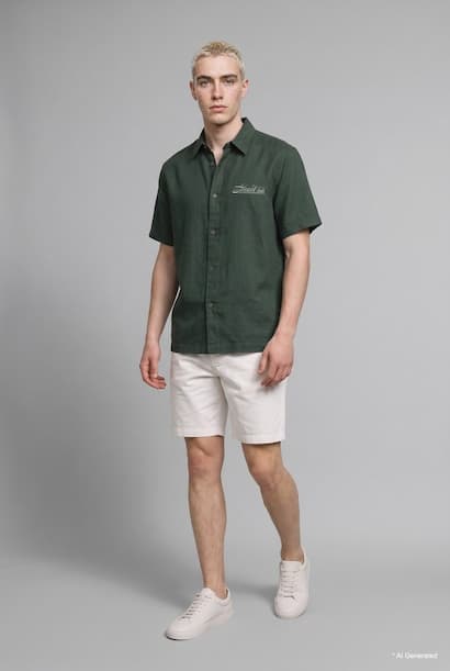 Boxy Fit Shirt Collar Embroidered Linen Blended Short Sleeve Shirt