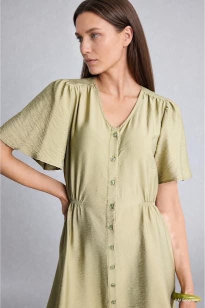 A Cut V-Neck Butterfly Sleeves Dress (٣)
