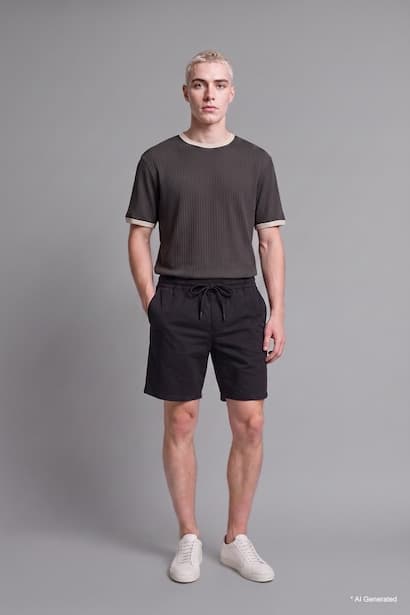 Relaxed Fit 100% Cotton Black Elastic Waist Bermuda Shorts
