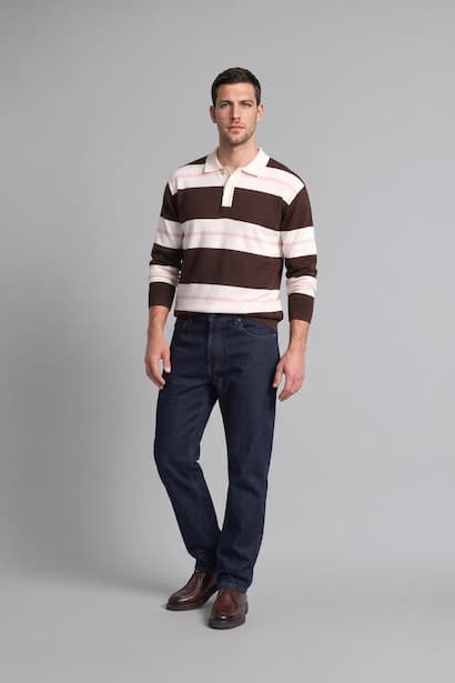 Relaxed Fit Striped Polo Collar Knitted Pullover