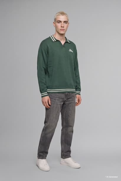 Relaxed Fit Embroidered Striped Polo Collar Knitted Pullover