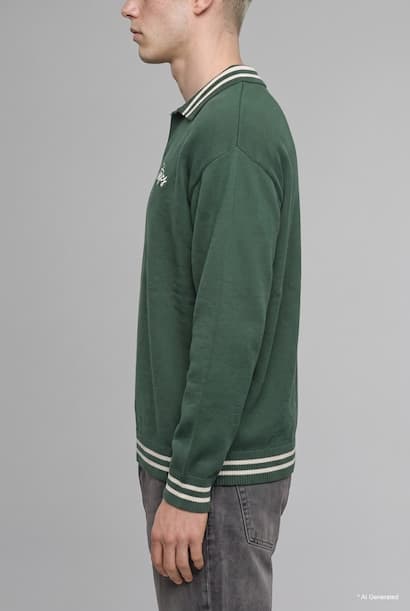 Relaxed Fit Embroidered Striped Polo Collar Knitted Pullover (3)