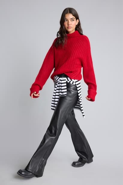 Baggy Fit Normal Waist Pockets Faux Leather Trousers