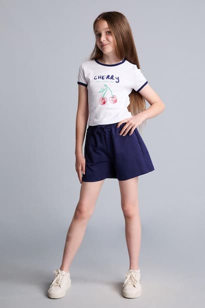 Girl Cherry Print T-Shirt Shorts Ribbed 2 Piece Set (٣)