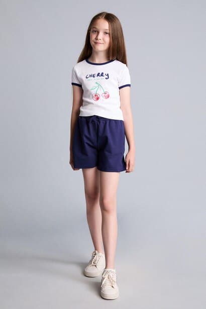 Girl Cherry Print T-Shirt Shorts Ribbed 2 Piece Set (٤)