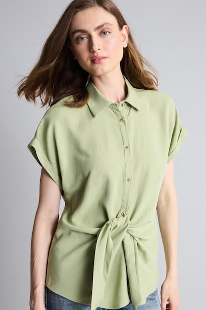 Linen Blend Regular Fit Short Sleeve Green Shirt