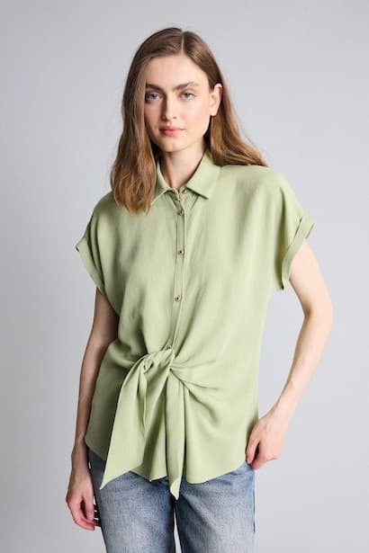 Linen Blend Regular Fit Short Sleeve Green Shirt (٣)