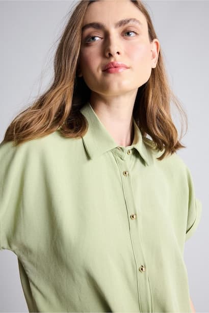 Linen Blend Regular Fit Short Sleeve Green Shirt (٤)