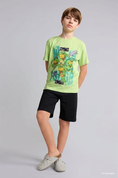 Boy 100% Cotton Ninja Turtles Retro 2 Piece Pyjama Set Homewear