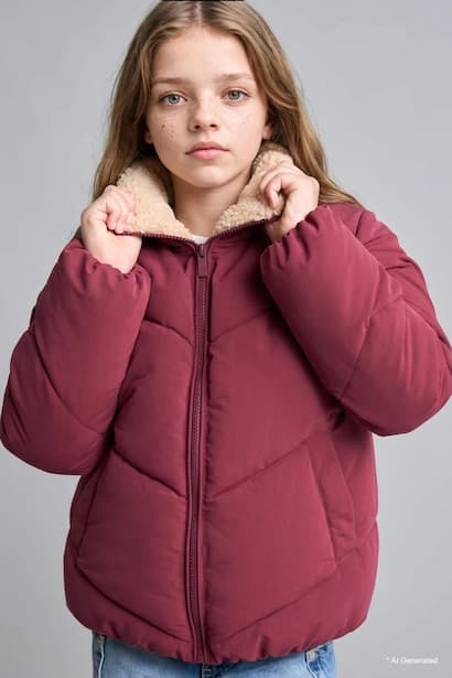 Girl Oversize Fit Waterproof Plush Collar Lined Hooded Zip-Up Puffer Jacket Coat