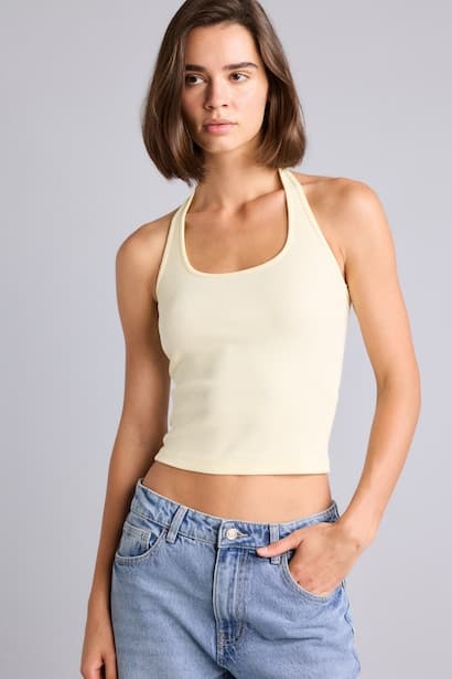 Fitted Ribbed Cotton Halter Neck Tank Top Tank Top & Crop Top