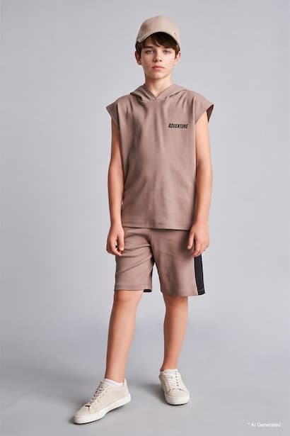 Boy Hooded Printed Tank Top Shorts 2 Piece Set