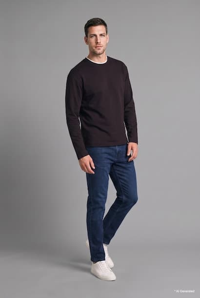 100% Cotton Regular Fit Crew Neck Contrast Detail Long Sleeve Basic T-Shirt