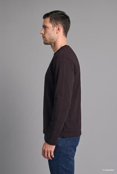 100% Cotton Regular Fit Crew Neck Contrast Detail Long Sleeve Basic T-Shirt (3)