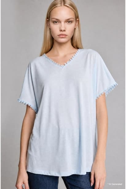 Light Blue V-Neck Short Sleeve T-Shirt with Embroidered Details