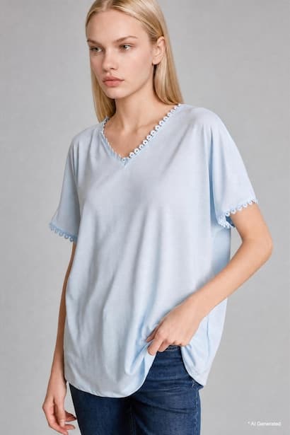 Light Blue V-Neck Short Sleeve T-Shirt with Embroidered Details (3)