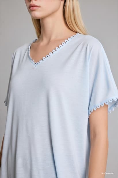 Light Blue V-Neck Short Sleeve T-Shirt with Embroidered Details (4)