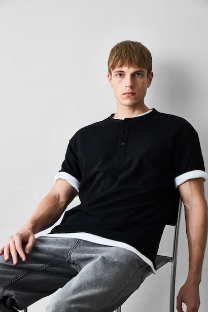 Boxy Fit 100% Cotton Short Sleeve Henley T-Shirt