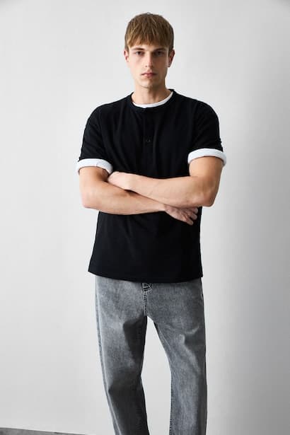 Boxy Fit 100% Cotton Short Sleeve Henley T-Shirt (3)