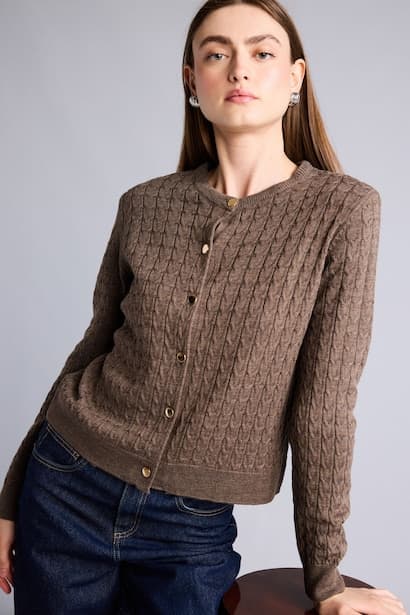 Regular Fit Beige Crew Neck Cardigan