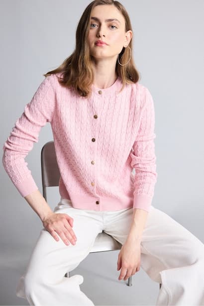 Regular Fit Pink Knitted Crew Neck Cardigan