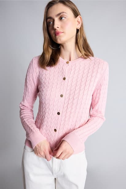 Regular Fit Pink Knitted Crew Neck Cardigan (٣)