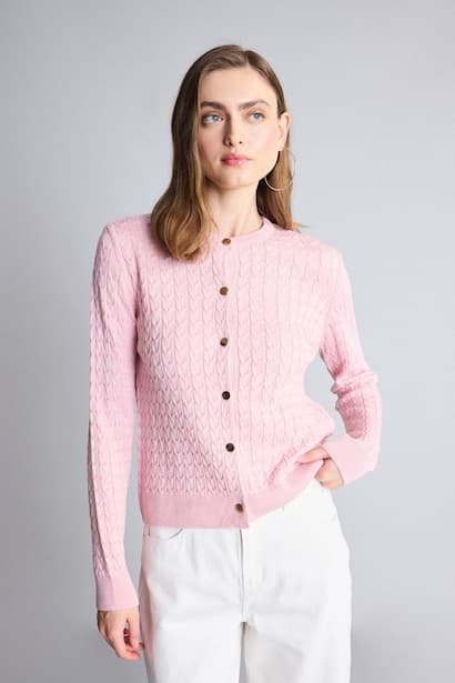 Regular Fit Pink Knitted Crew Neck Cardigan (٤)