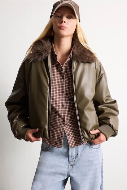 Balloon Fit Waterproof Faux Leather Jacket Coat (٣)