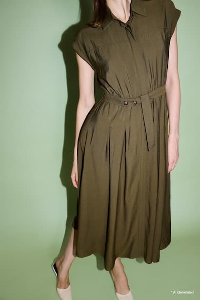 Shirt Collar Short Sleeve Midi Dress (٣)