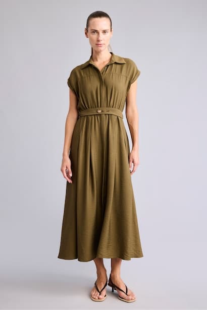 Shirt Collar Short Sleeve Midi Dress (٤)