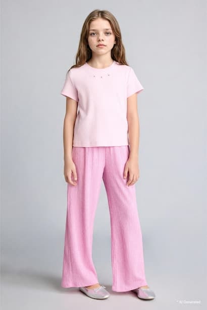 Girl Culotte Wrinkled Textured Pink Trousers