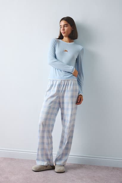 Slim Fit 100% Cotton Long Sleeve Top and Checked Pyjama Trousers Set Homewear Set