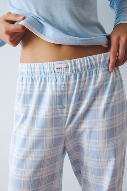 Slim Fit 100% Cotton Long Sleeve Top and Checked Pyjama Trousers Set Homewear Set (٤)