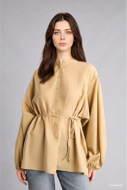 Relaxed Fit 100% Cotton Waffle Fabric Balloon Sleeve Tunic Modest