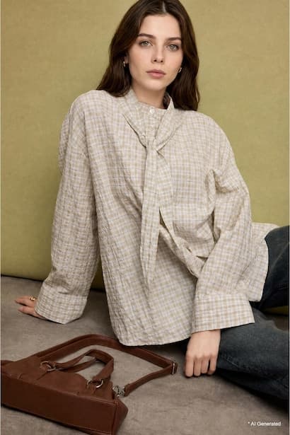 Regular Fit Checked Crinkled Fabric Long Sleeve Tunic Modest