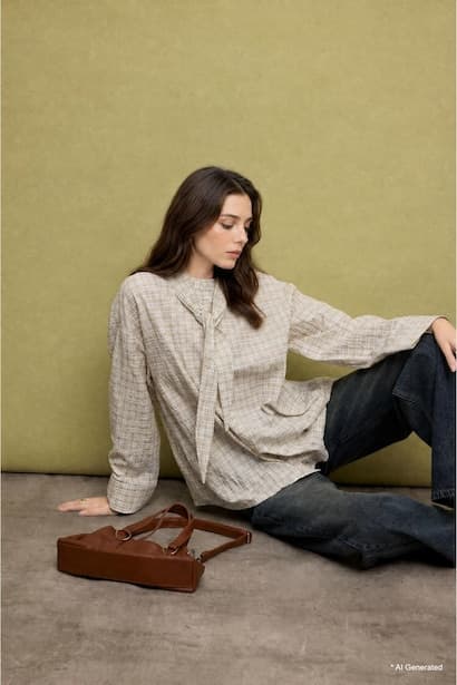 Regular Fit Checked Crinkled Fabric Long Sleeve Tunic Modest (٣)