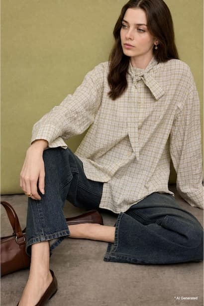 Regular Fit Checked Crinkled Fabric Long Sleeve Tunic Modest (٤)